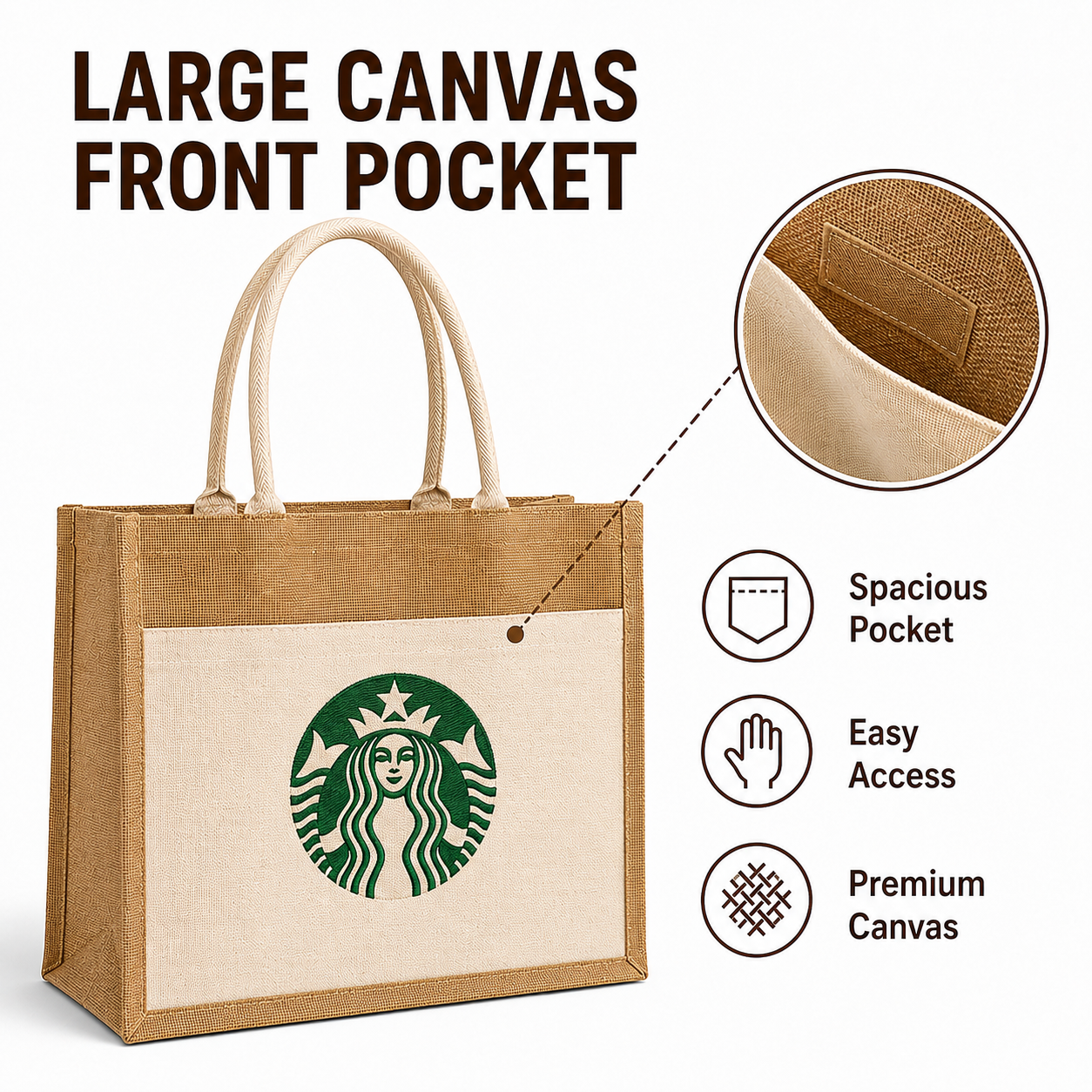 Custom 12×12×7.5 Jute Tote Bags with Canvas Front Pocket | 350 GSM