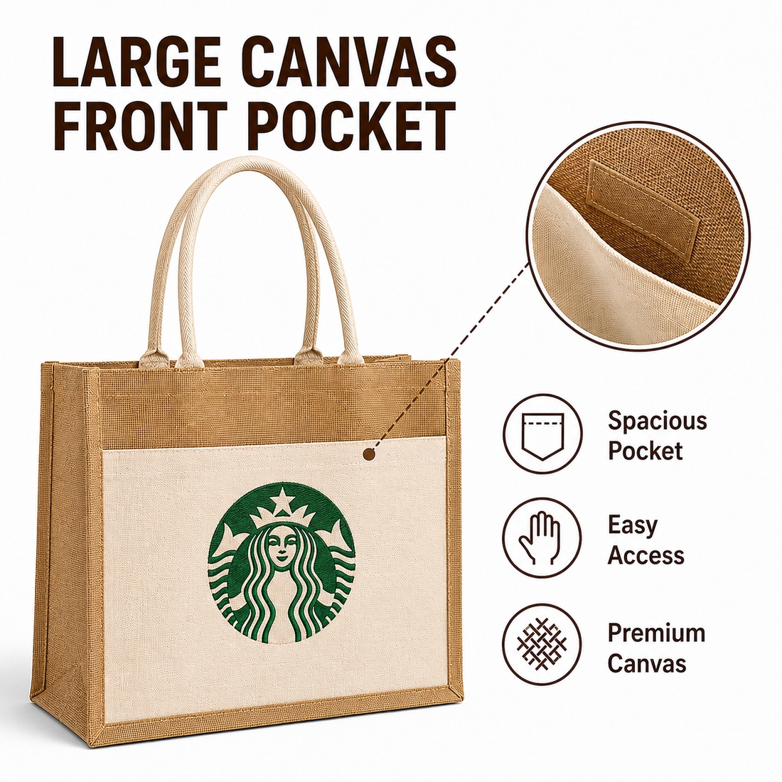 Custom 12×12×7.5 Jute Tote Bags with Canvas Front Pocket | 350 GSM