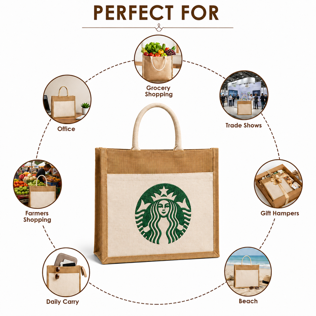 Custom 12×12×7.5 Jute Tote Bags with Canvas Front Pocket | 350 GSM
