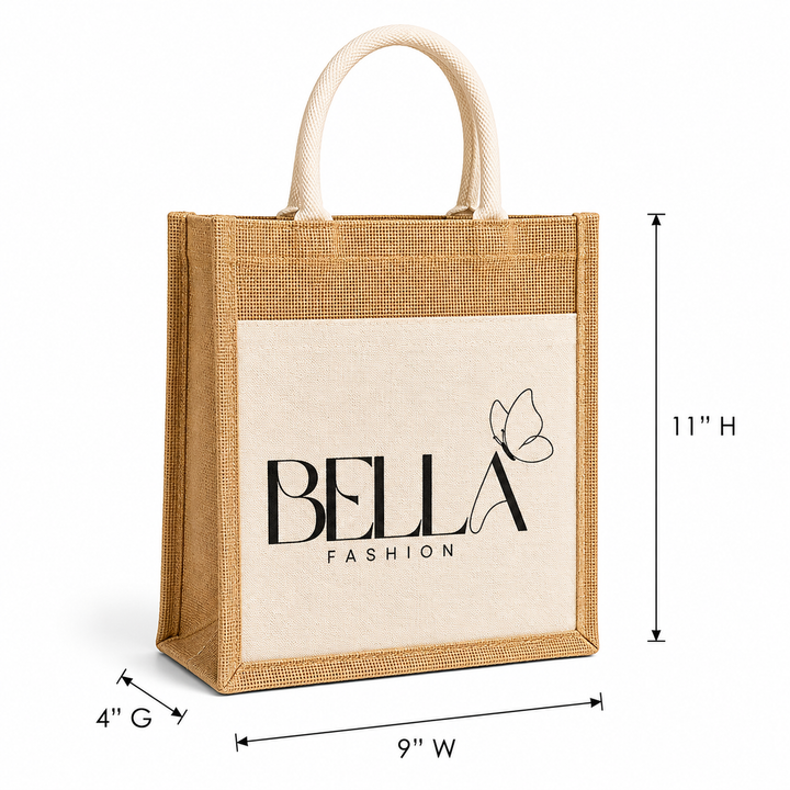 Custom 9×11×4 Jute Tote Bags with Canvas Front Pocket | 350 GSM