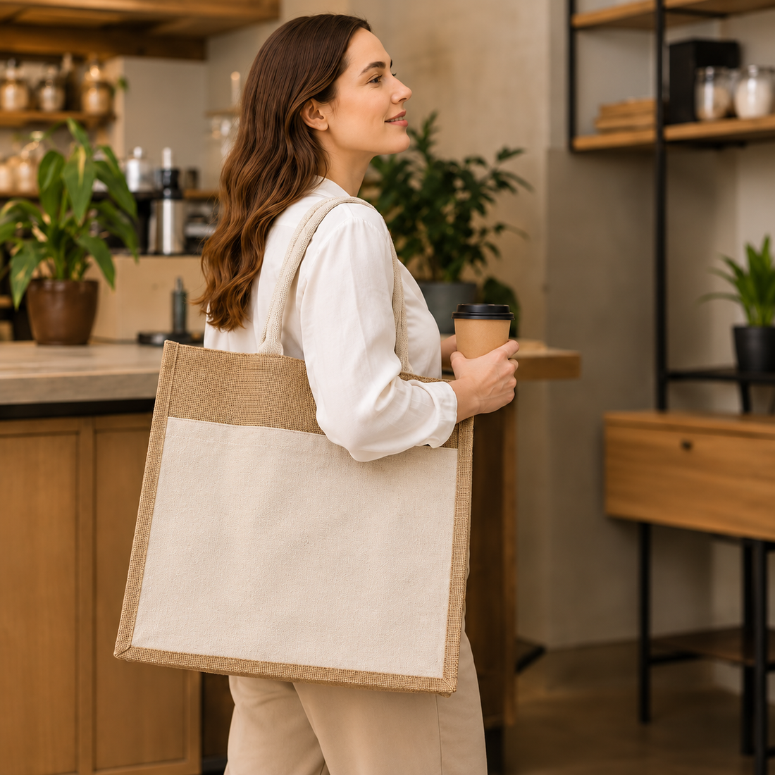 15x13x6 Jute Tote Bags with Canvas Front Pocket |350 GSM