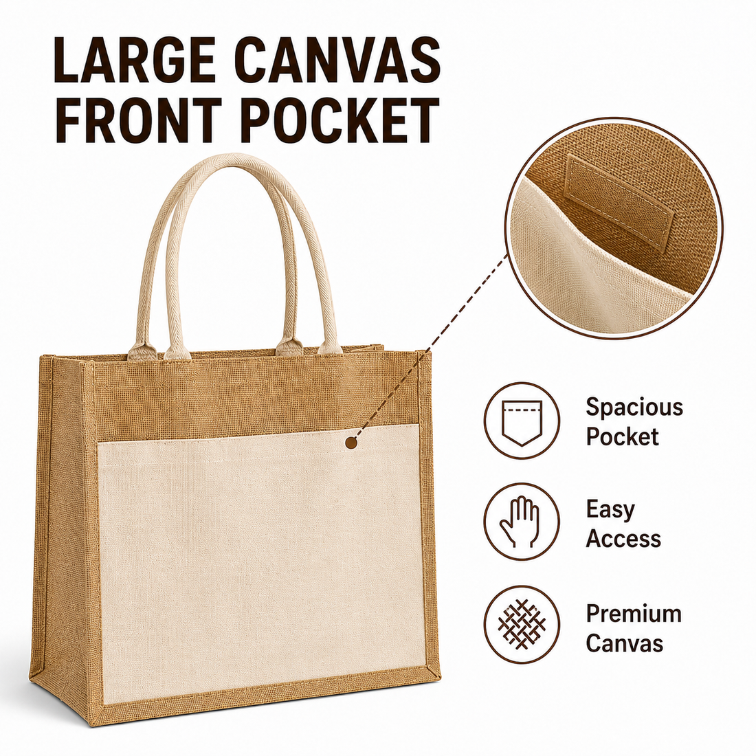 18x14x6 Jute Tote Bags with Canvas Front Pocket |350 GSM