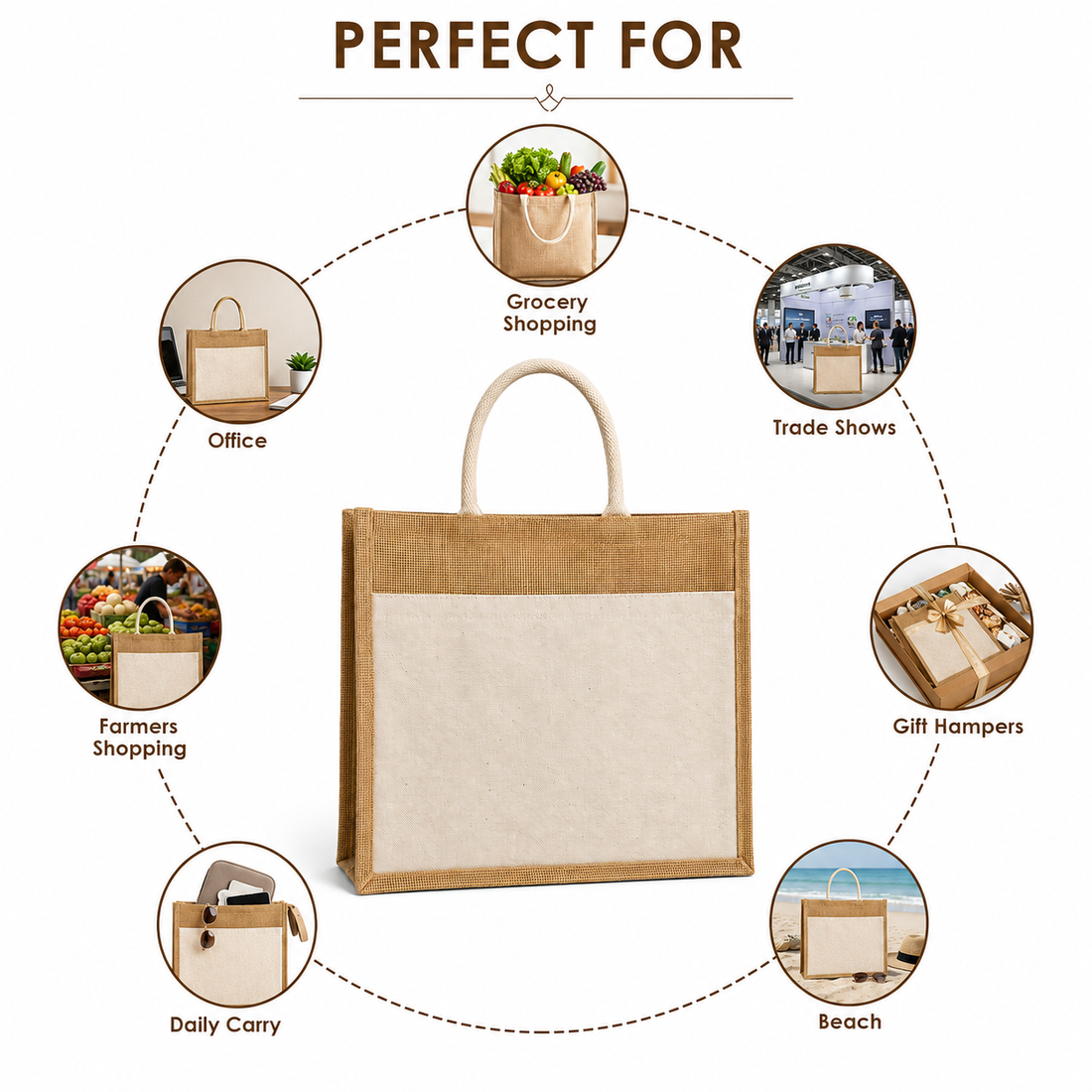 15x13x6 Jute Tote Bags with Canvas Front Pocket |350 GSM