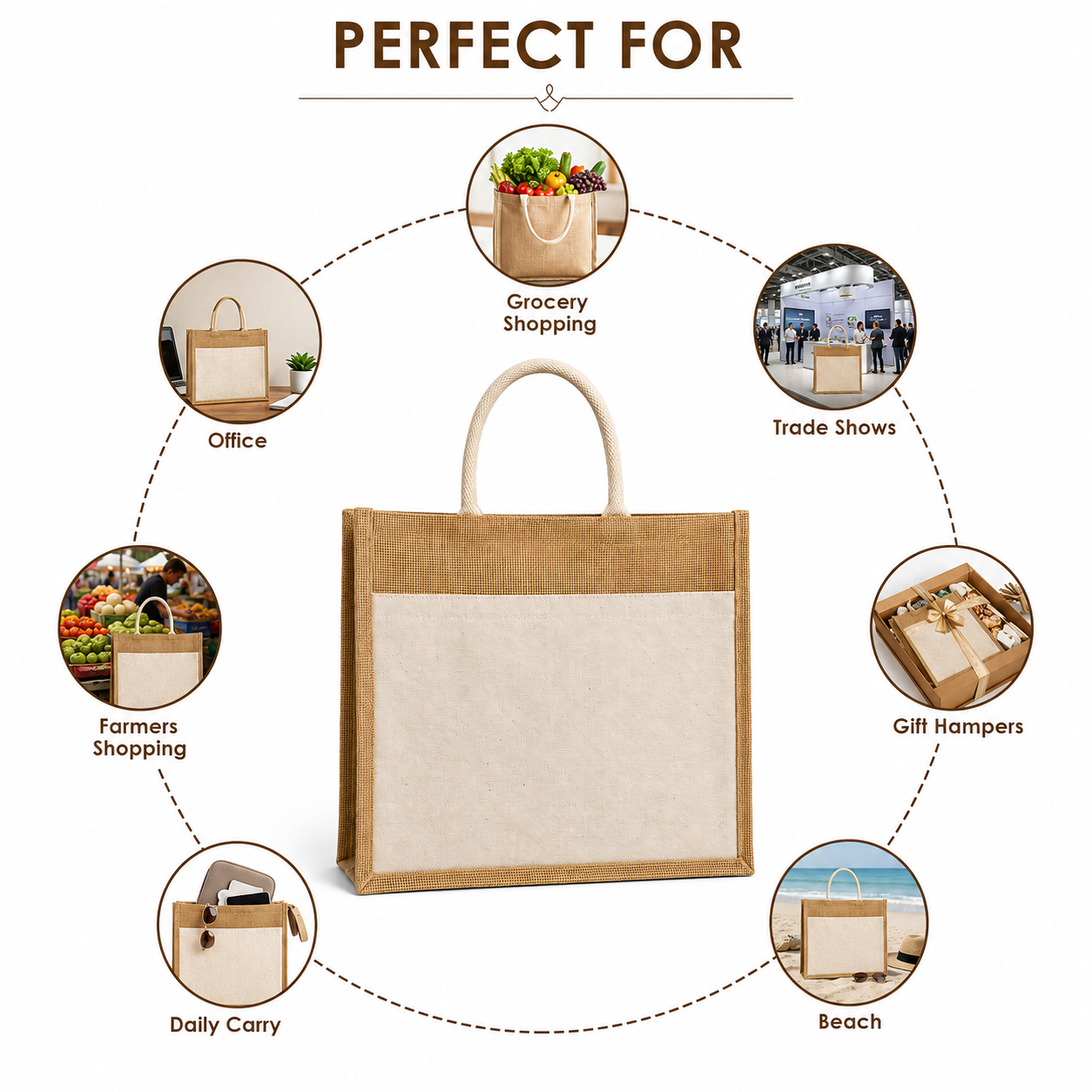 18x14x6 Jute Tote Bags with Canvas Front Pocket |350 GSM