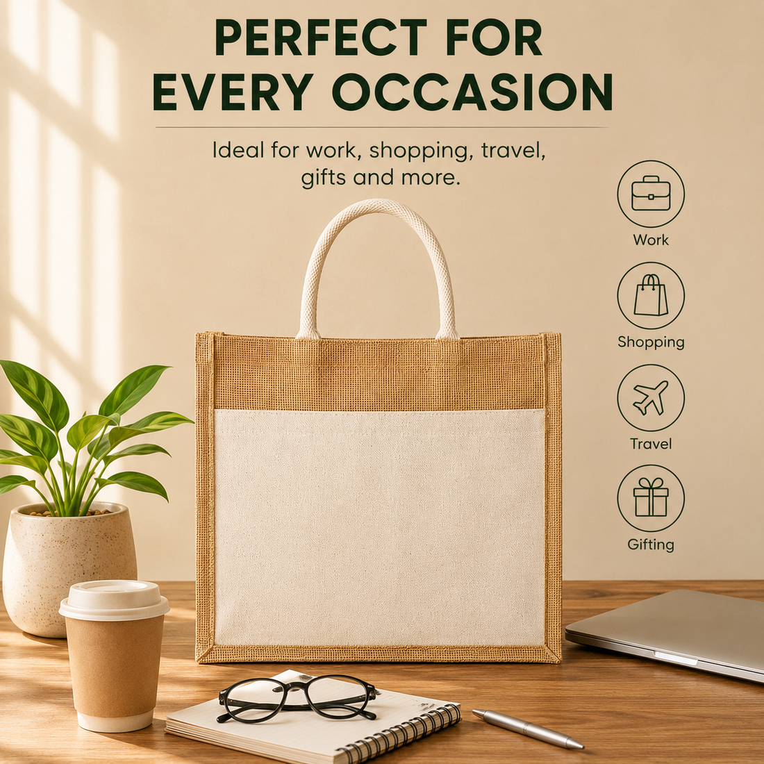 18x14x6 Jute Tote Bags with Canvas Front Pocket |350 GSM