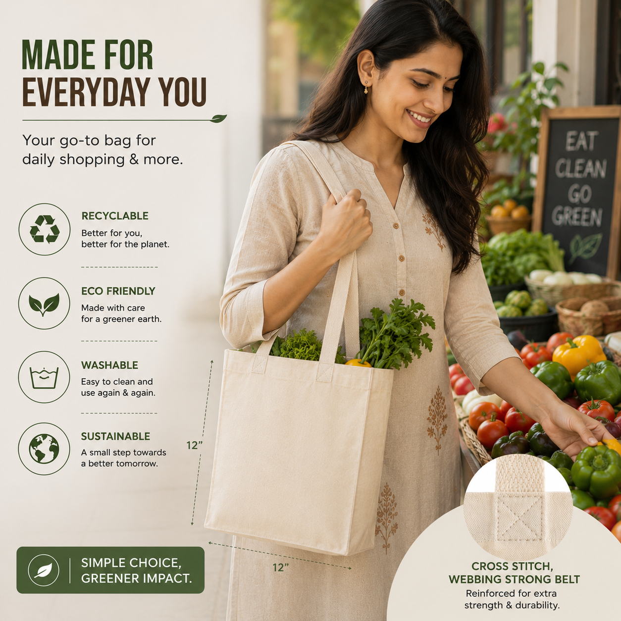 12x12x7 Inch Cotton Canvas Bag | 330 GSM