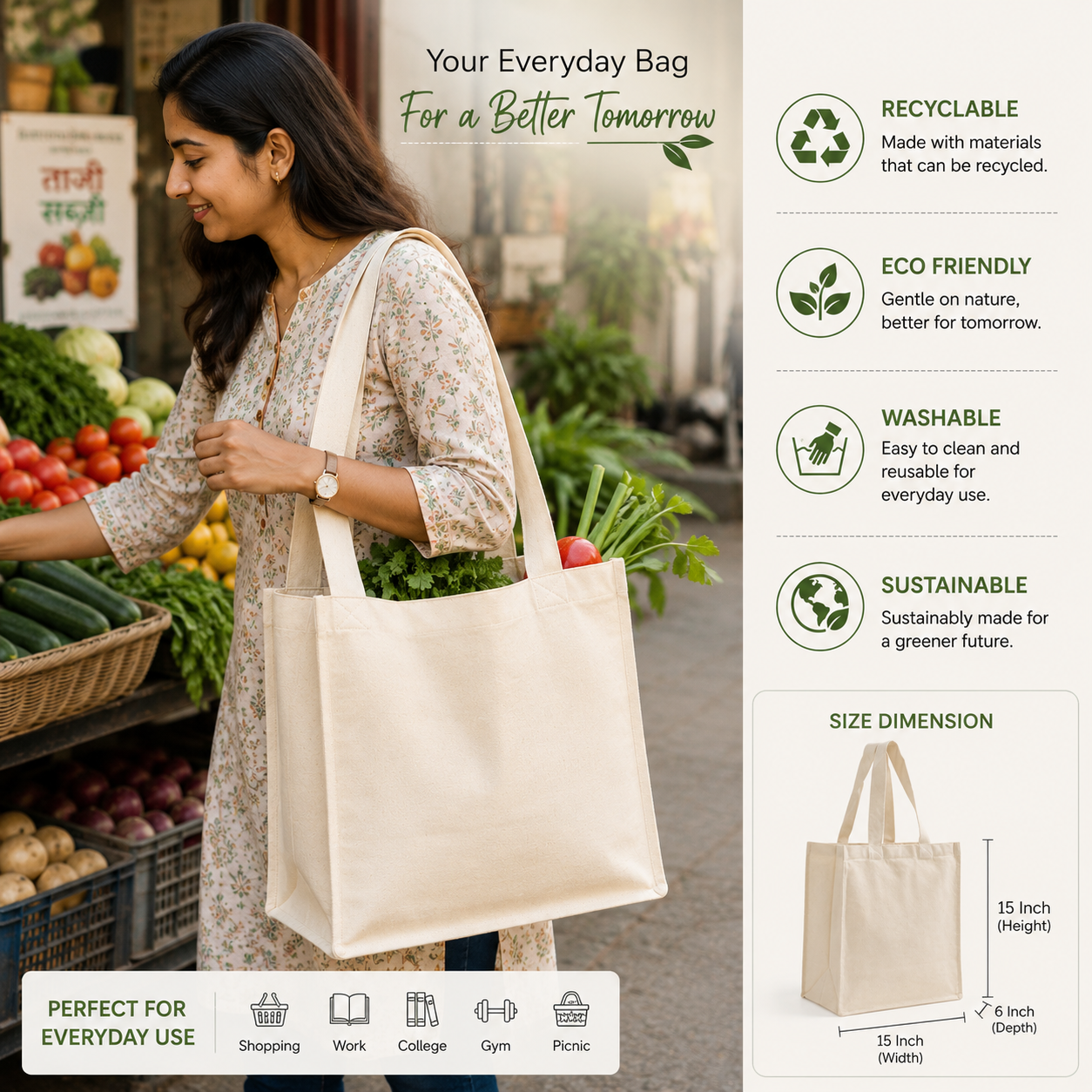 15x15x6 Inch Cotton Canvas Bag | 330 GSM