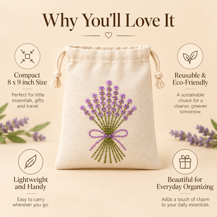 Lavender Posy Embroidered Drawstring Bag