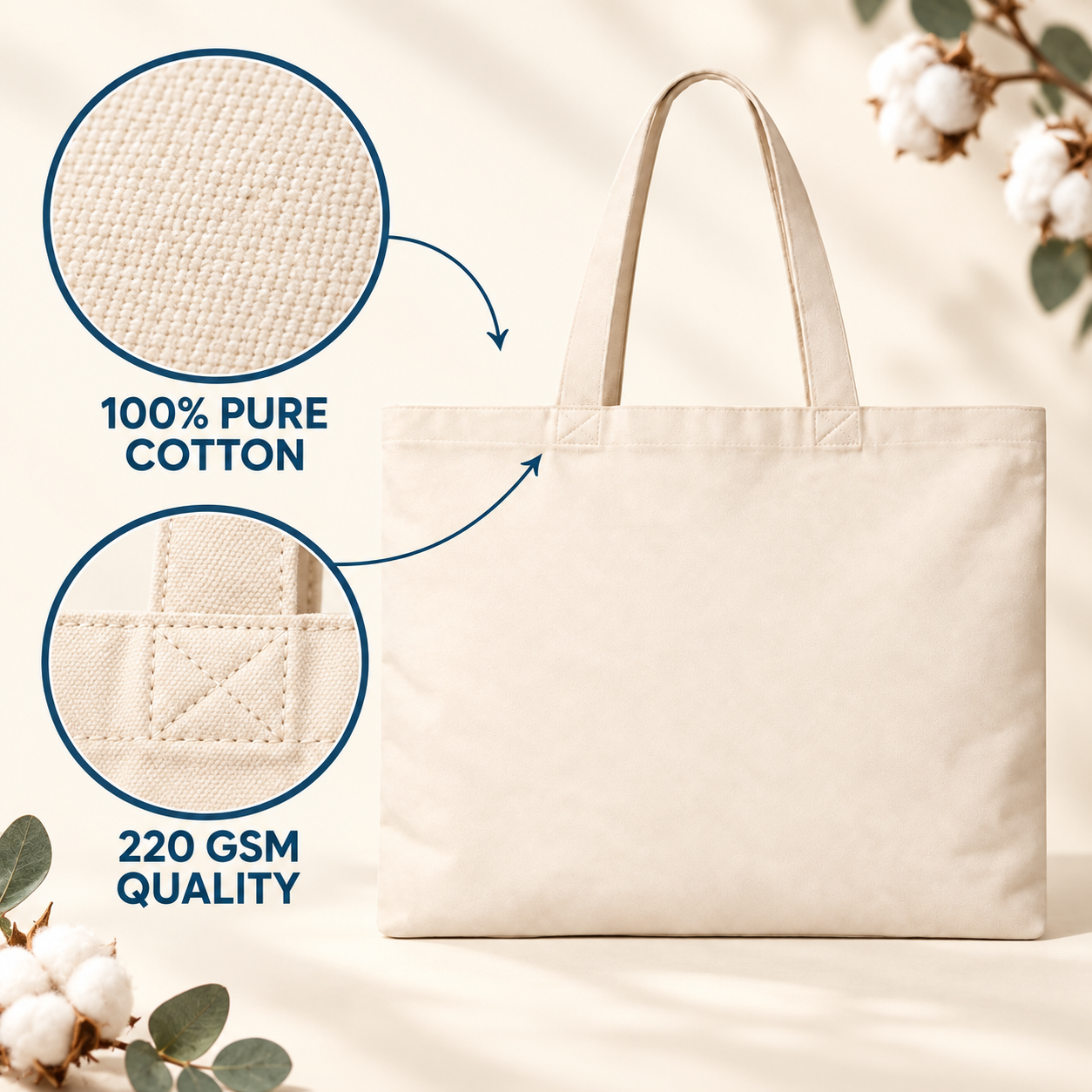 Plain 16x14 Inch Cotton Tote Bag | 220 GSM