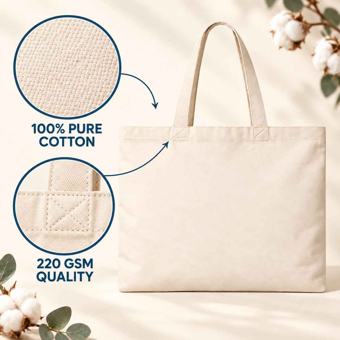 Plain 16x14 Inch Cotton Tote Bag | 220 GSM