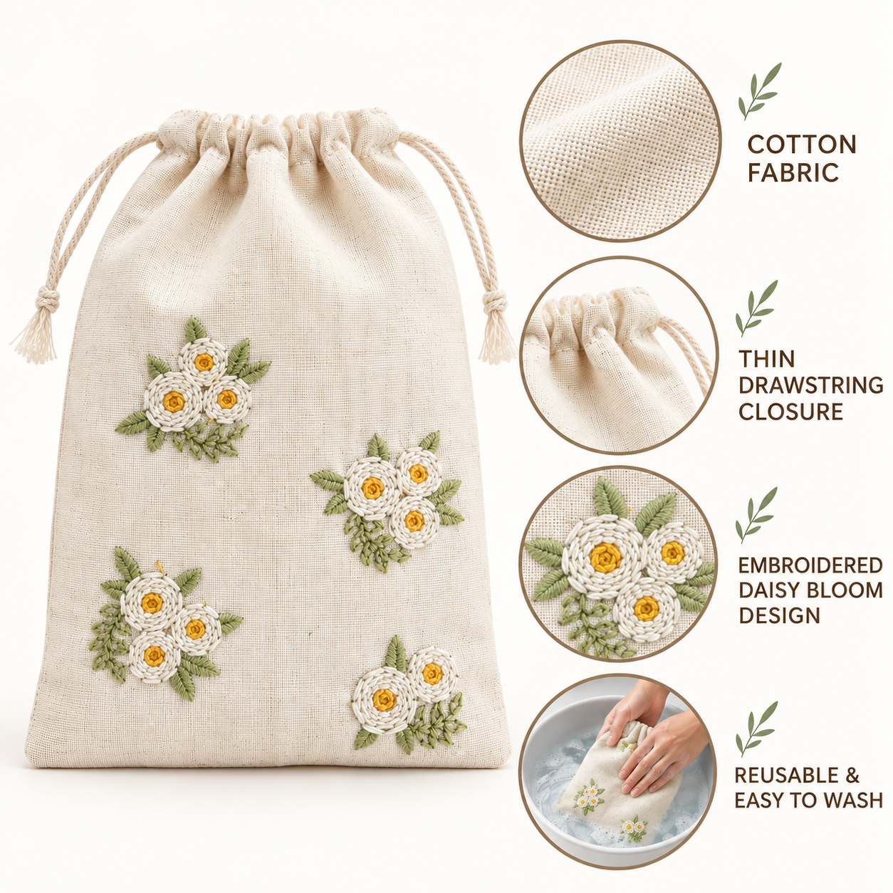 Daisy Bloom Embroidered Cotton Drawstring Pouch
