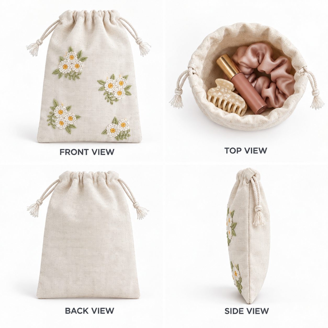 Plain Daisy Bloom Embroidered Cotton Drawstring Pouch