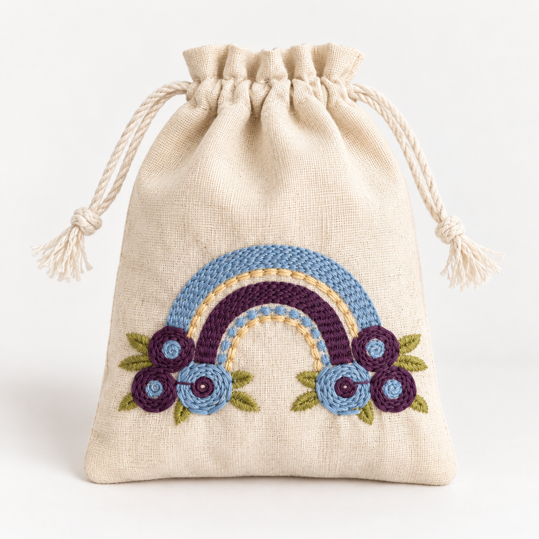 Rainbow Bliss Embroidered Cotton Drawstring Pouch