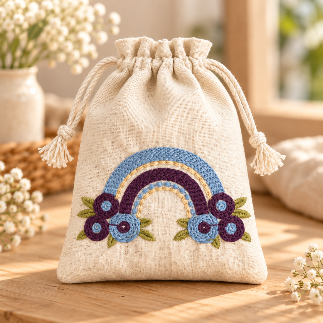 Rainbow Bliss Embroidered Cotton Drawstring Pouch