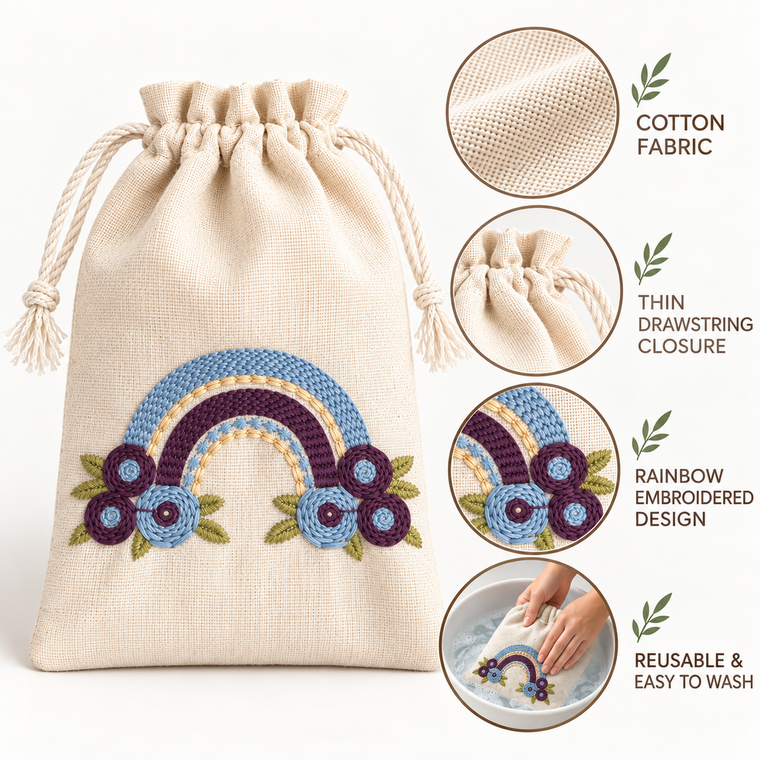 Plain Rainbow Bliss Embroidered Cotton Drawstring Pouch