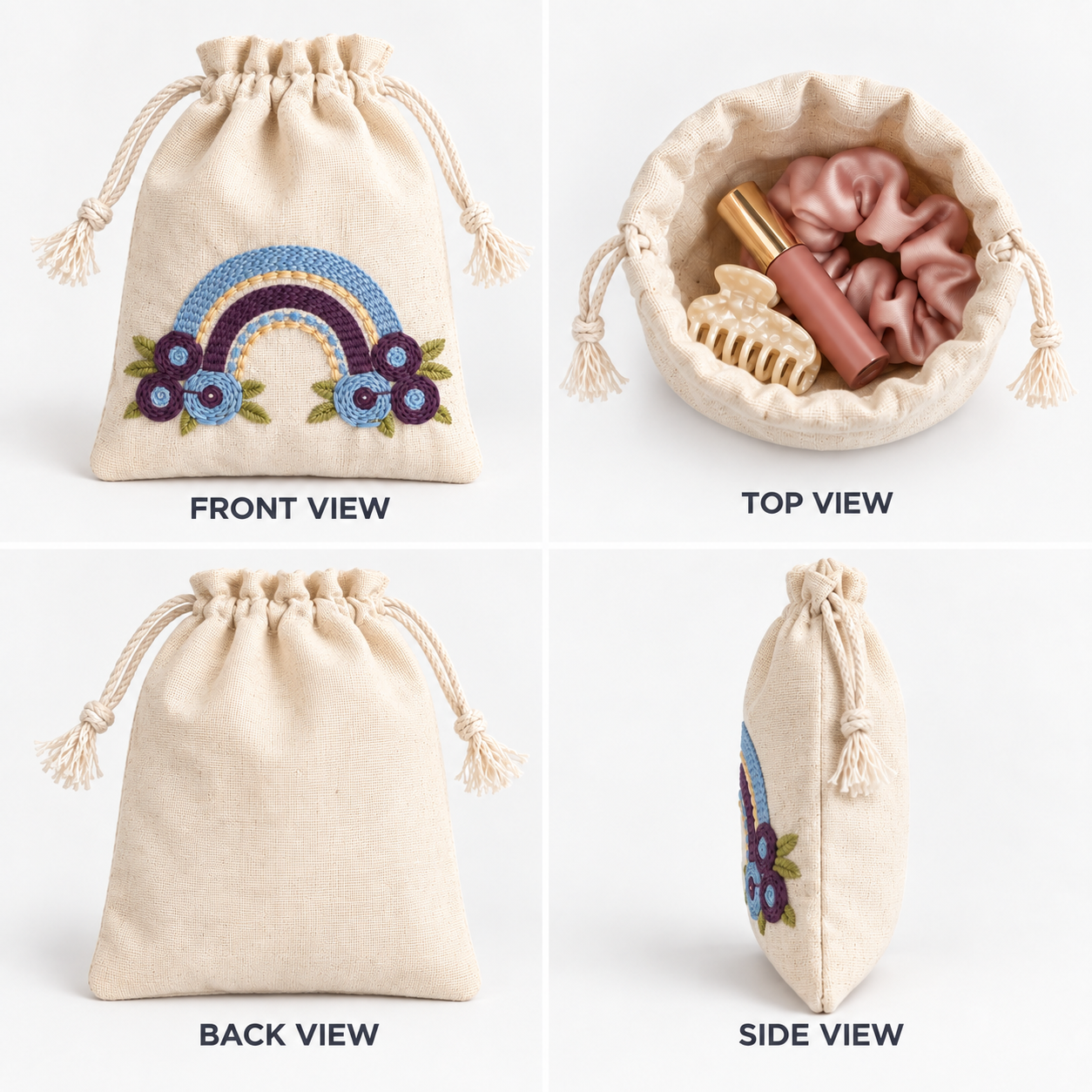 Plain Rainbow Bliss Embroidered Cotton Drawstring Pouch