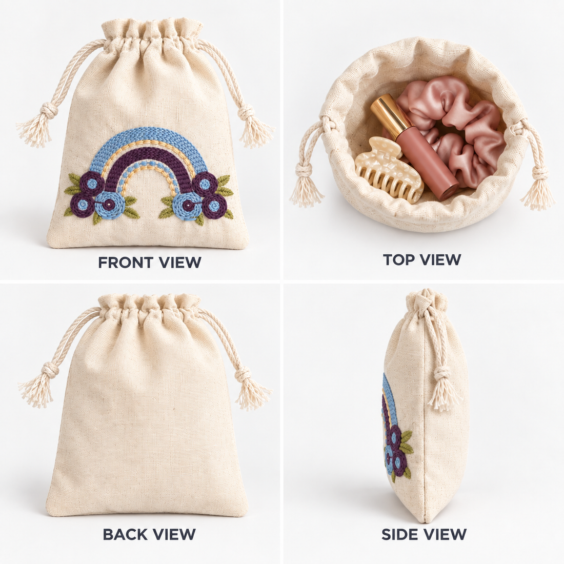 Plain Rainbow Bliss Embroidered Cotton Drawstring Pouch