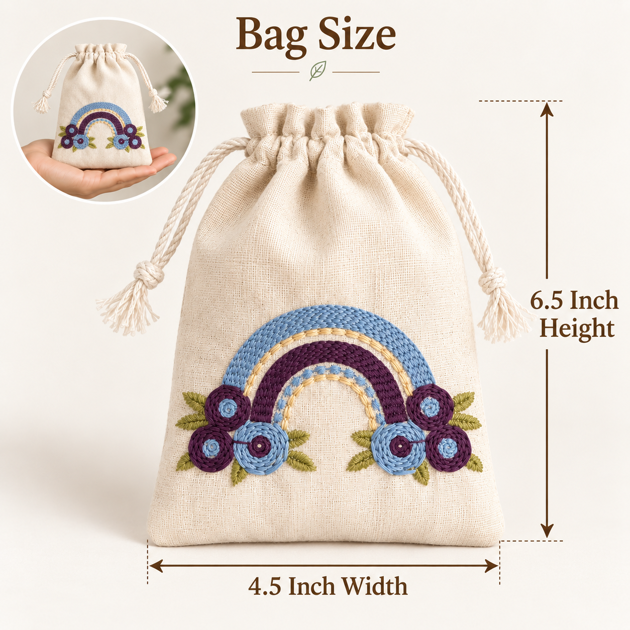 Rainbow Bliss Embroidered Cotton Drawstring Pouch