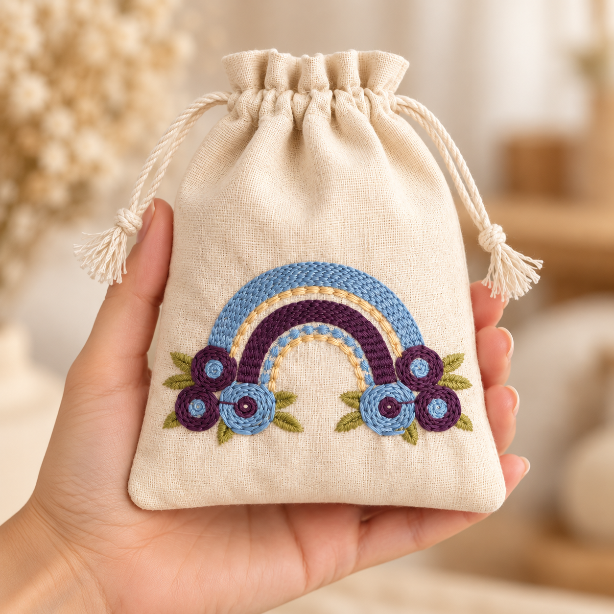 Rainbow Bliss Embroidered Cotton Drawstring Pouch