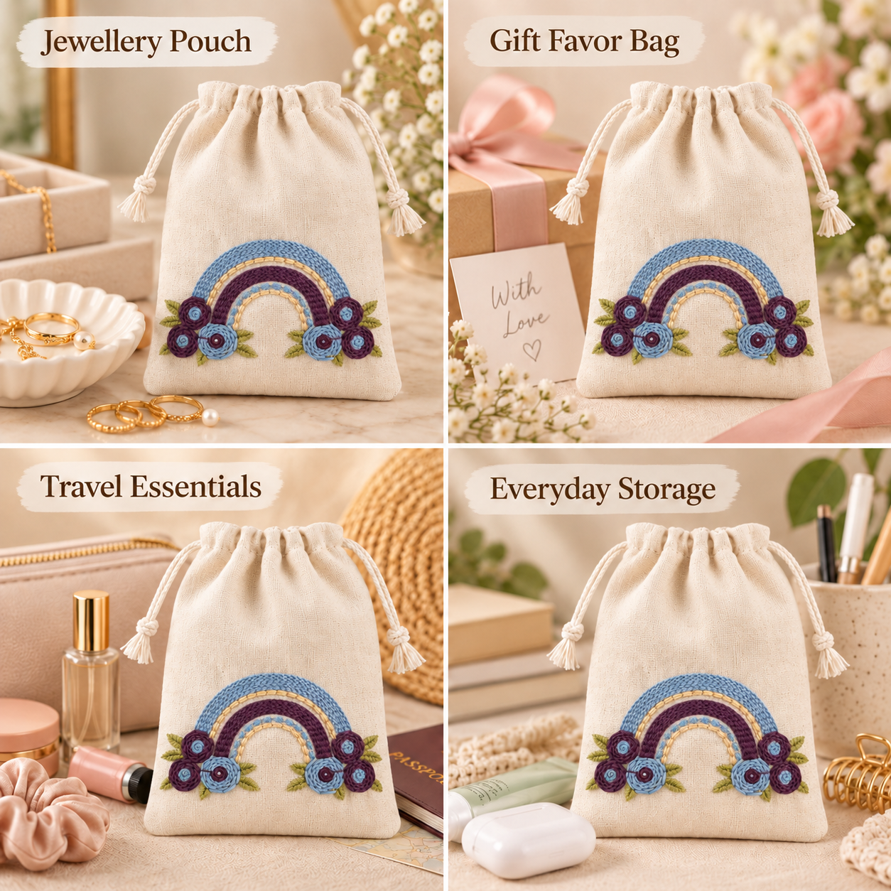 Rainbow Bliss Embroidered Cotton Drawstring Pouch