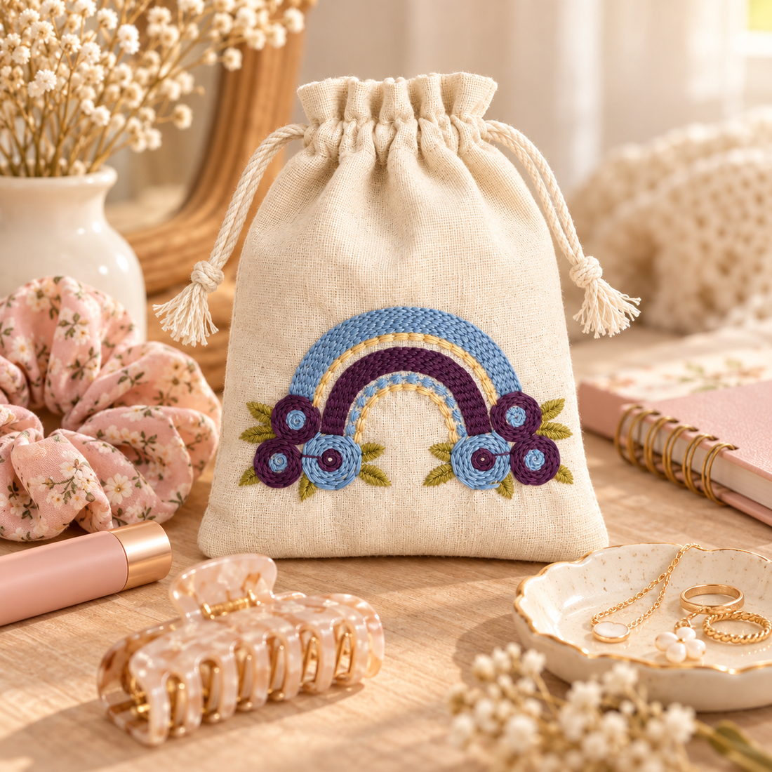 Plain Rainbow Bliss Embroidered Cotton Drawstring Pouch