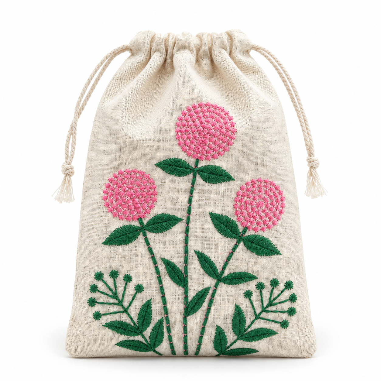 Pink Meadow Embroidered Cotton Drawstring Pouch