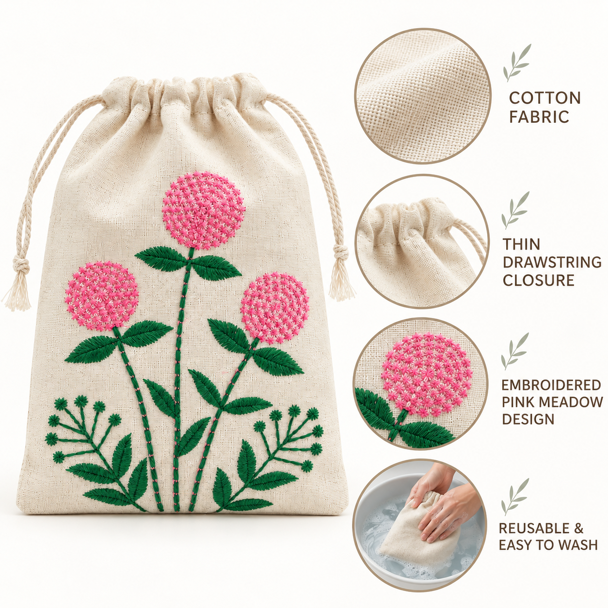 Plain Pink Meadow Embroidered Cotton Drawstring Pouch