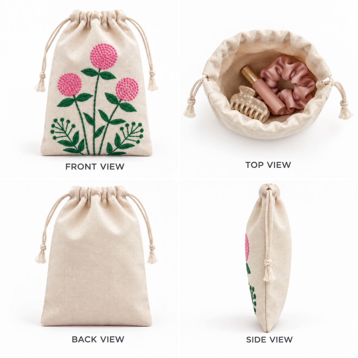 Plain Pink Meadow Embroidered Cotton Drawstring Pouch