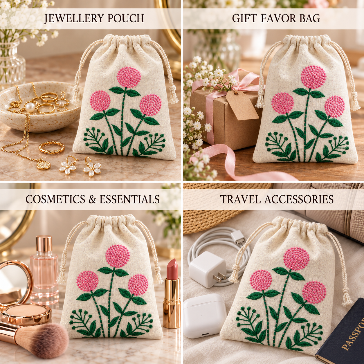 Pink Meadow Embroidered Cotton Drawstring Pouch