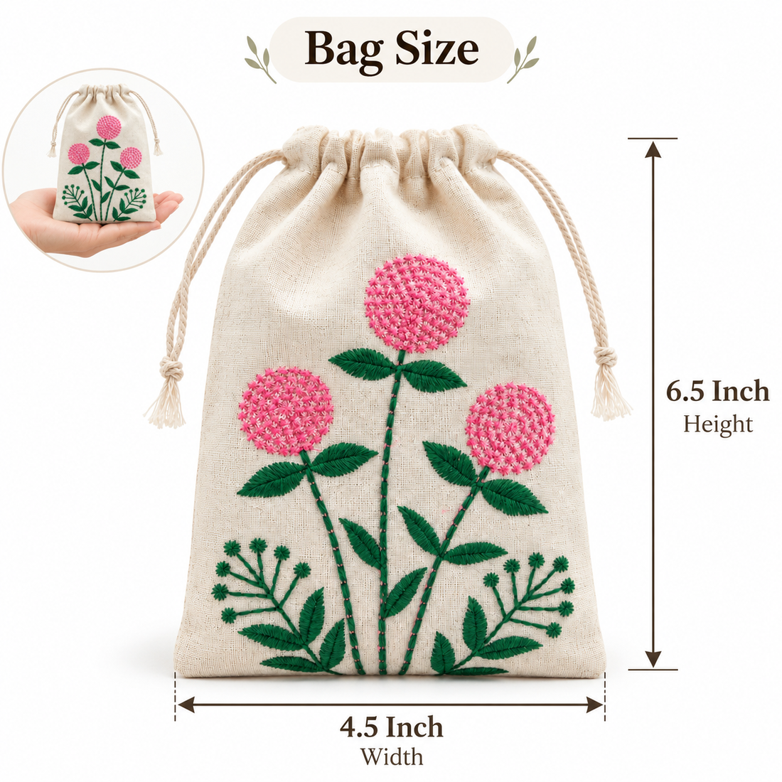 Pink Meadow Embroidered Cotton Drawstring Pouch