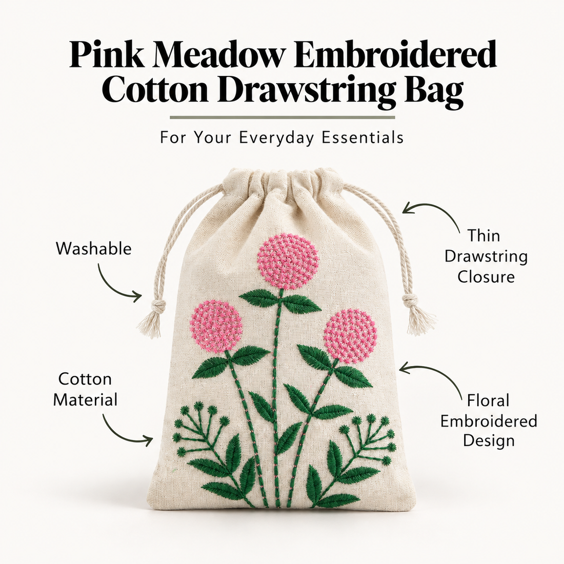 Pink Meadow Embroidered Cotton Drawstring Pouch