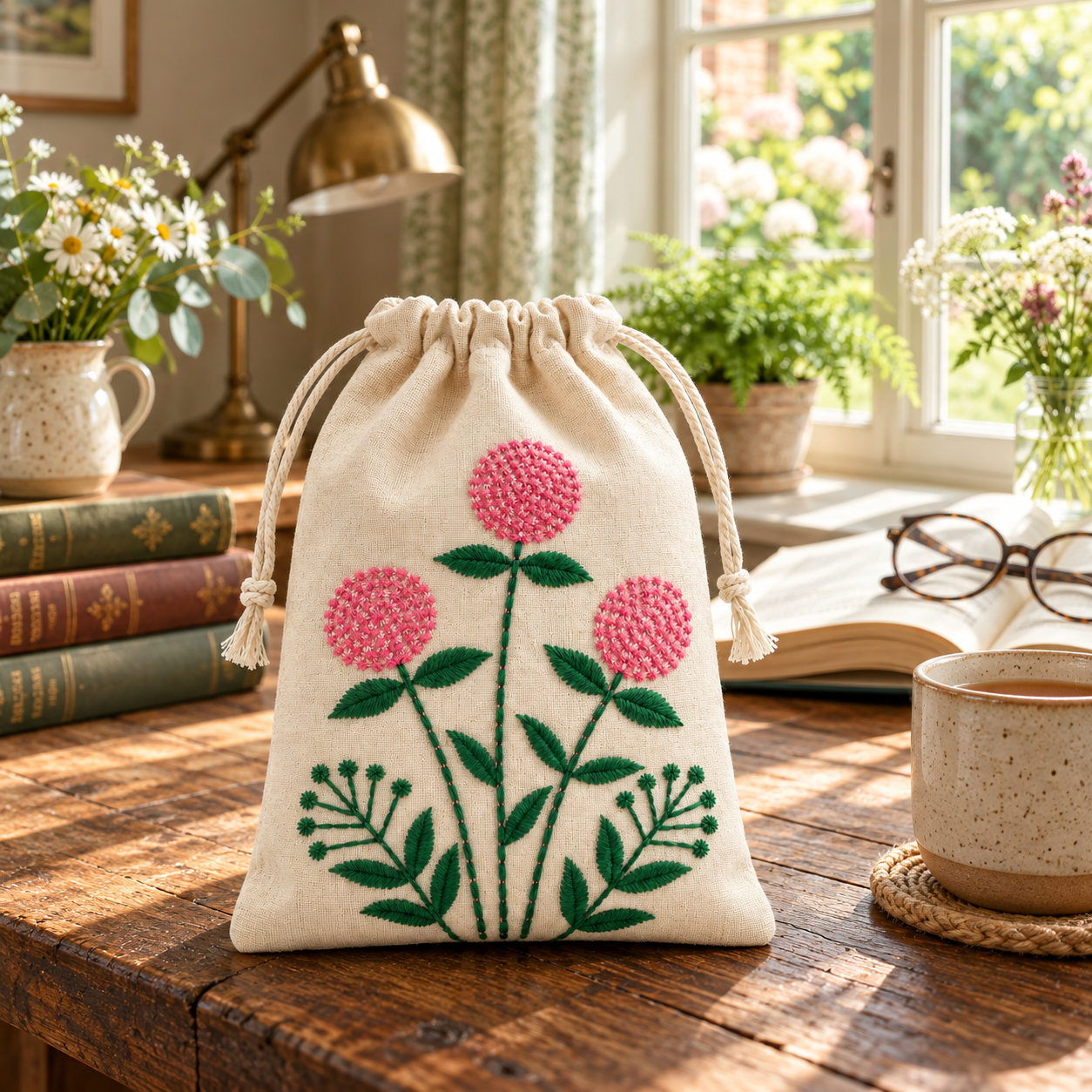 Pink Meadow Embroidered Cotton Drawstring Pouch