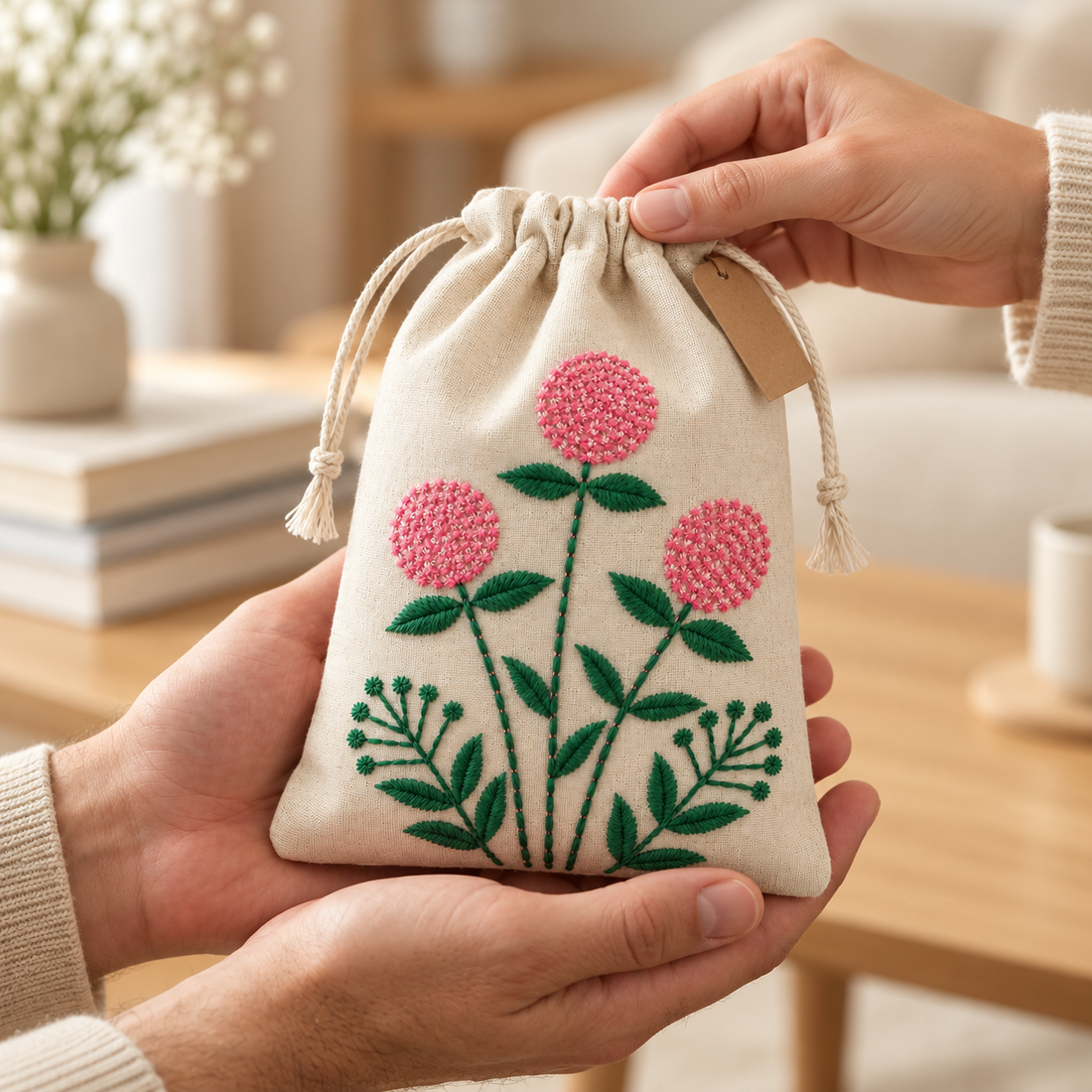 Pink Meadow Embroidered Cotton Drawstring Pouch