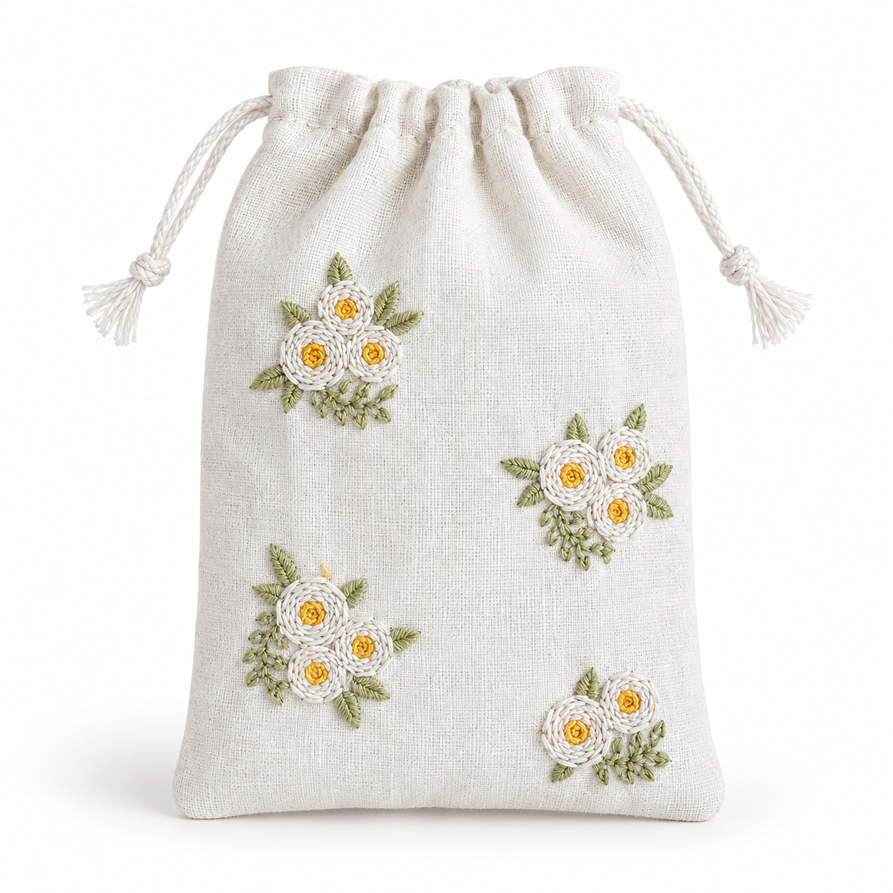 Daisy Bloom Embroidered Cotton Drawstring Pouch