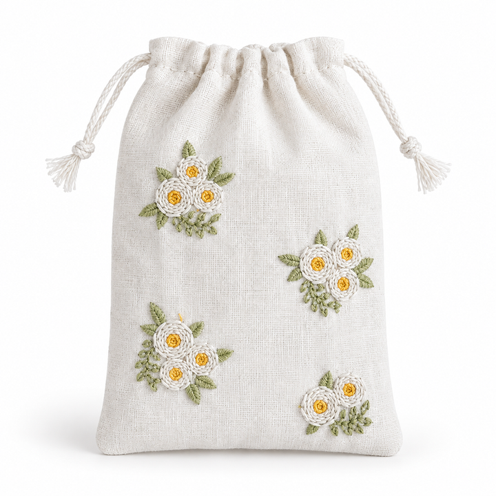 Daisy Bloom Embroidered Cotton Drawstring Pouch