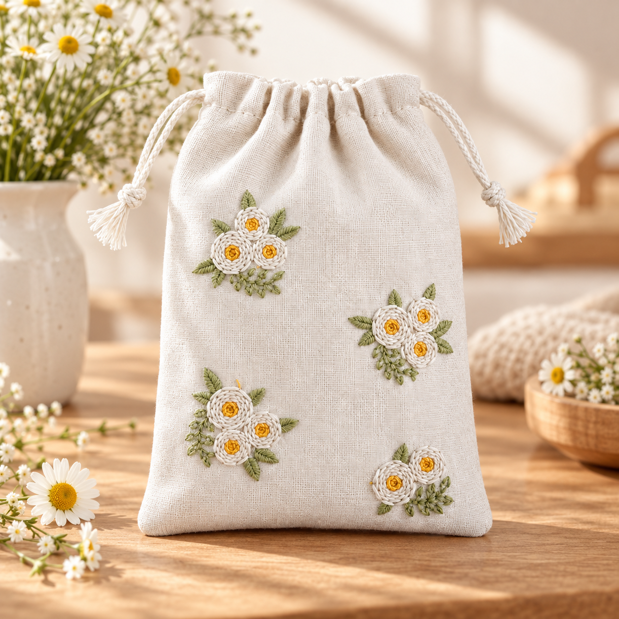 Daisy Bloom Embroidered Cotton Drawstring Pouch