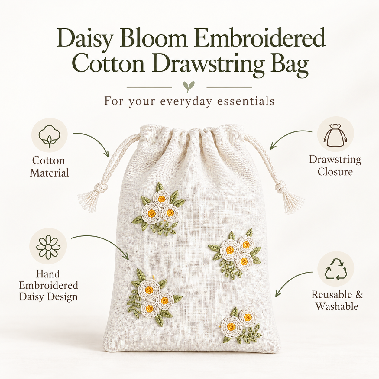 Plain Daisy Bloom Embroidered Cotton Drawstring Pouch