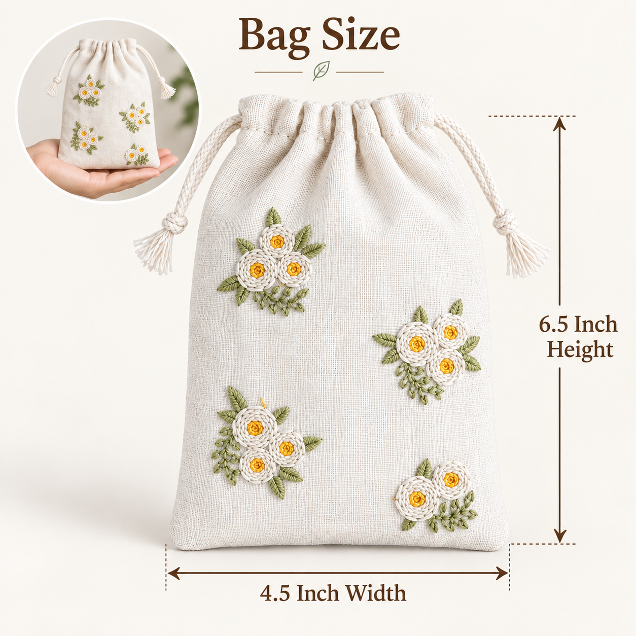 Plain Daisy Bloom Embroidered Cotton Drawstring Pouch