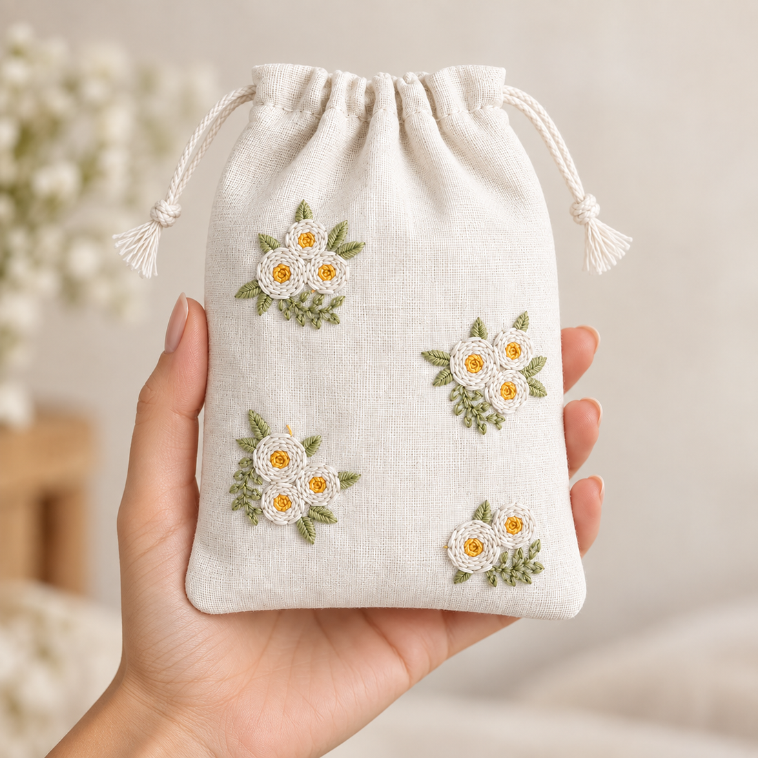 Daisy Bloom Embroidered Cotton Drawstring Pouch