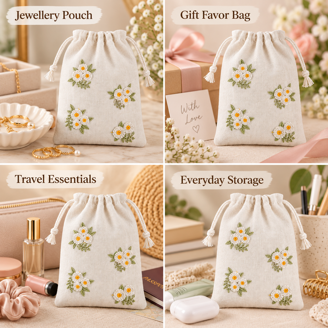Daisy Bloom Embroidered Cotton Drawstring Pouch
