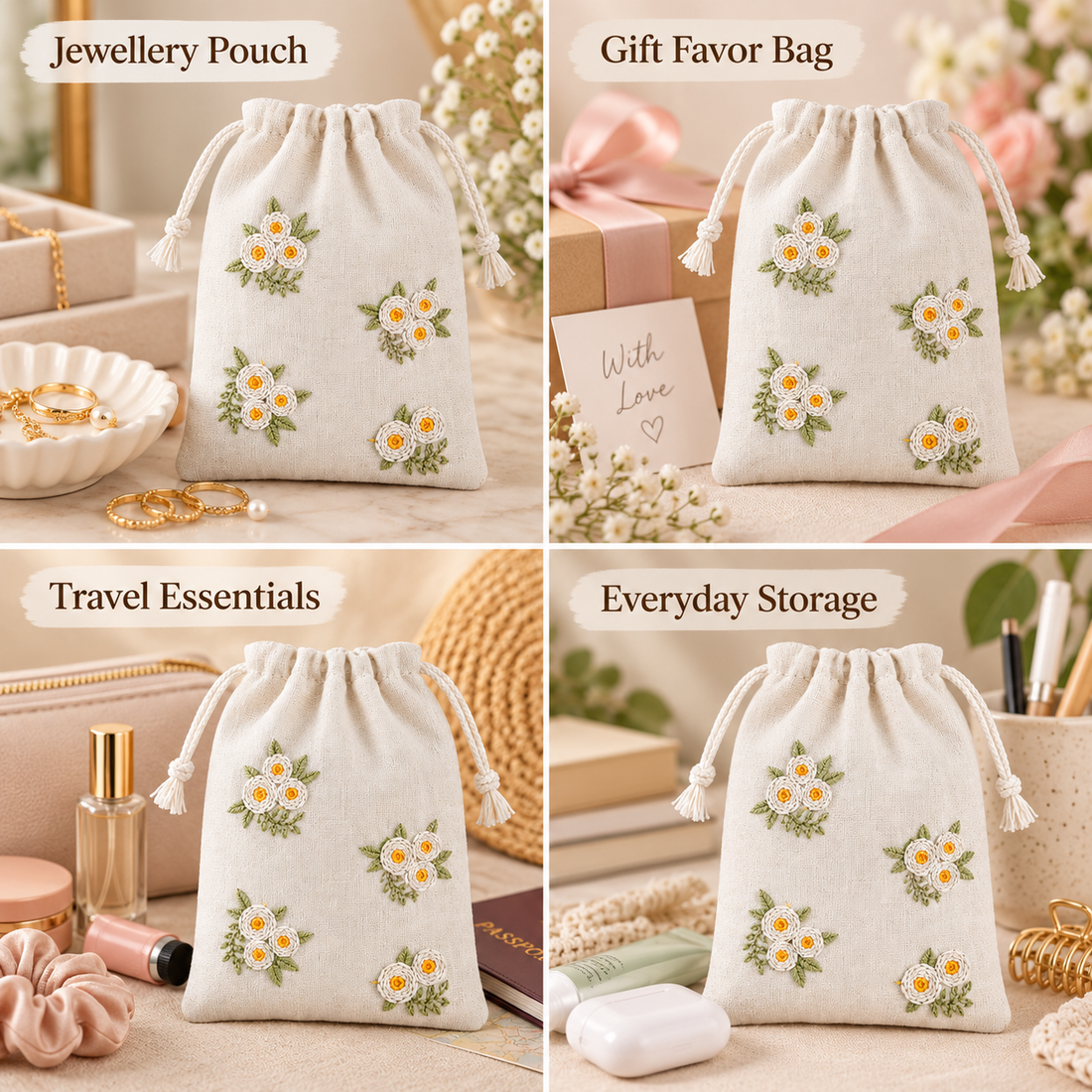 Daisy Bloom Embroidered Cotton Drawstring Pouch
