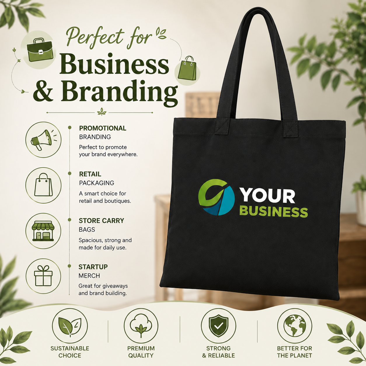 12x14 Inch Black Cotton Tote Bag | 220 GSM