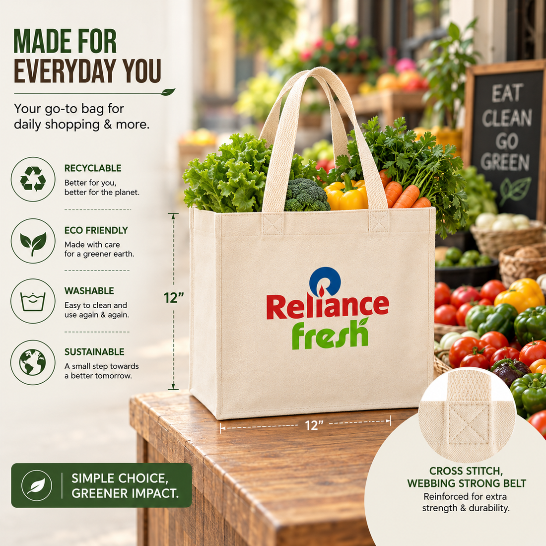 12x12x7 Inch Cotton Canvas Bag | 330 GSM
