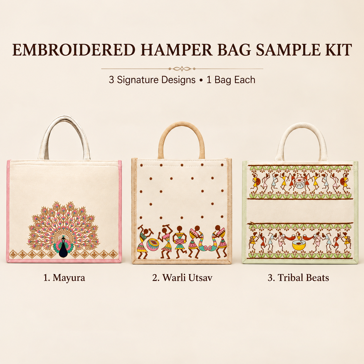 Embroidered Hamper Bag Sample Kit – 3 Designs & Sizes