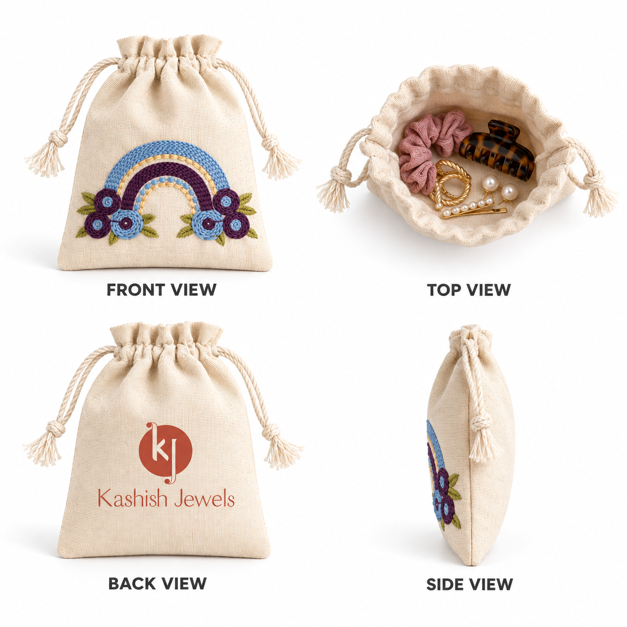 Rainbow Bliss Embroidered Cotton Drawstring Pouch