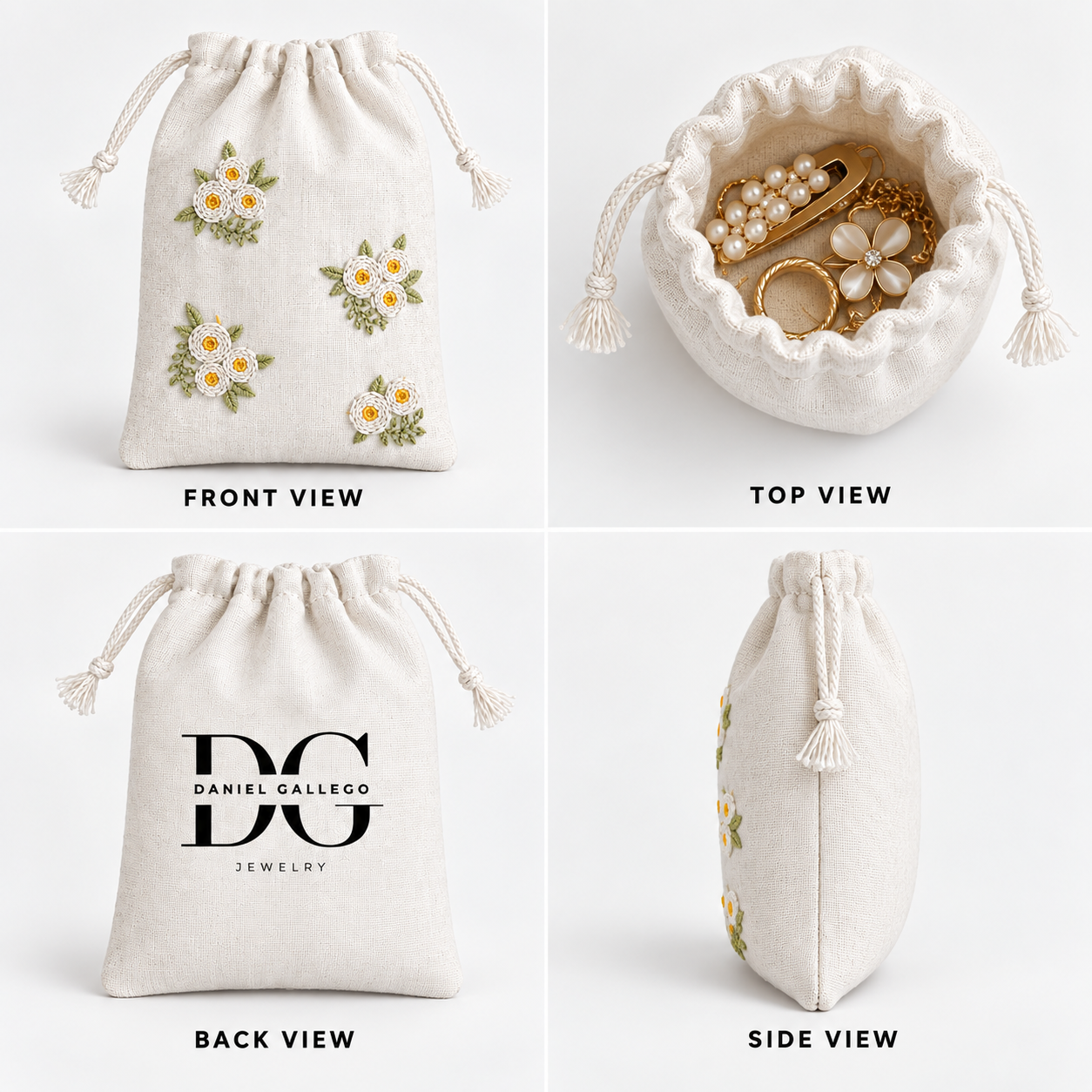 Daisy Bloom Embroidered Cotton Drawstring Pouch