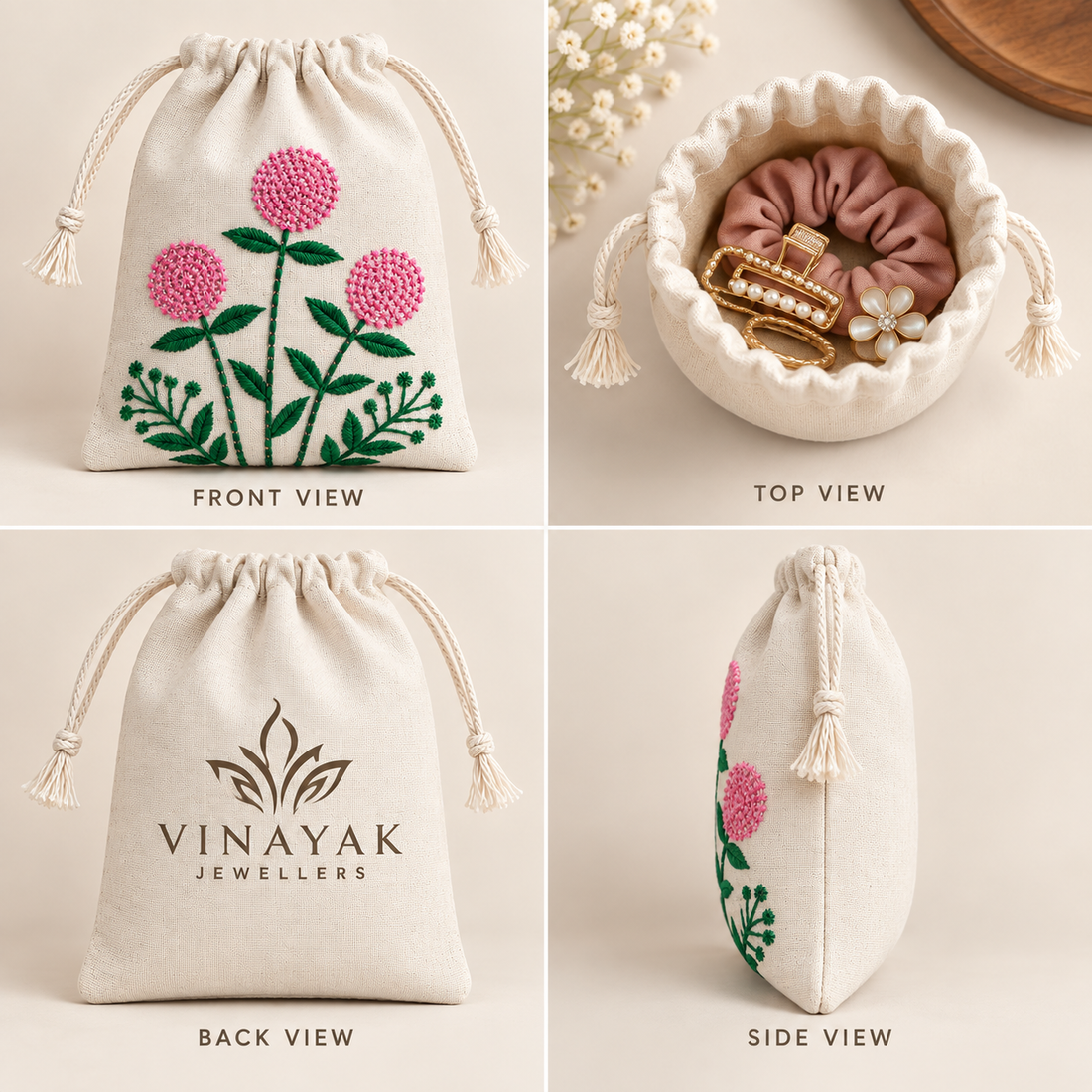 Pink Meadow Embroidered Cotton Drawstring Pouch