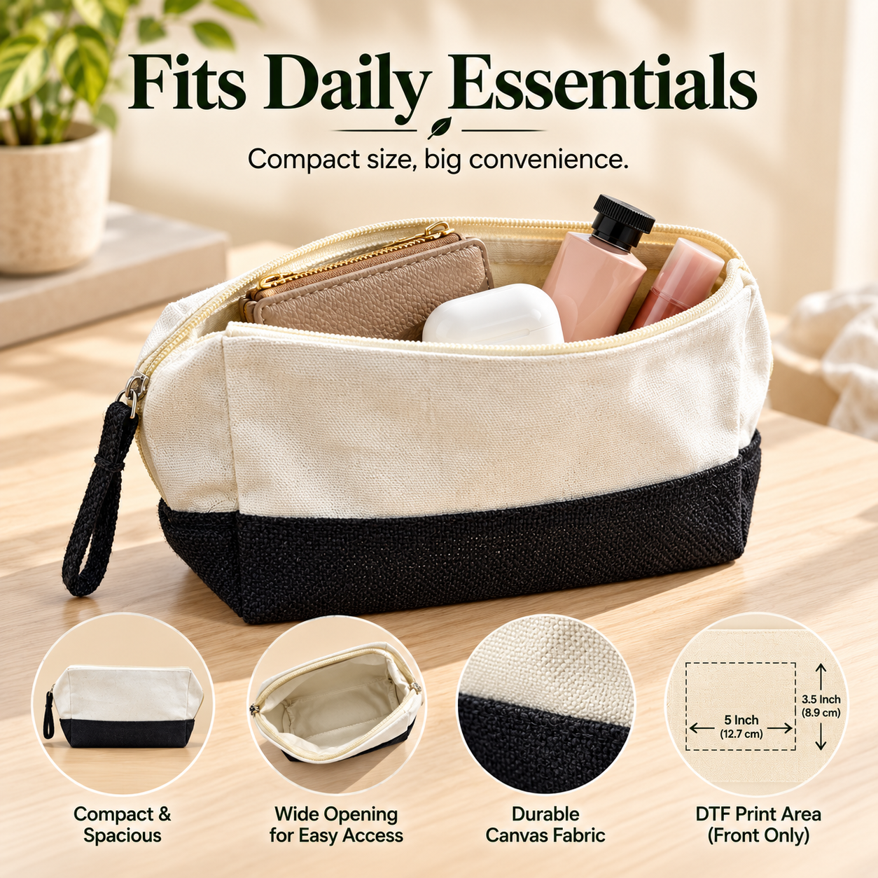 Plain 8x5x3 Black & Natural Cotton Canvas Zipper Pouch | 220 GSM
