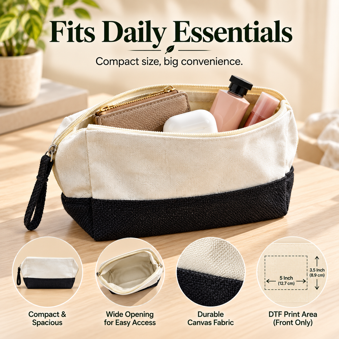 Plain 8x5x3 Black & Natural Cotton Canvas Zipper Pouch | 220 GSM