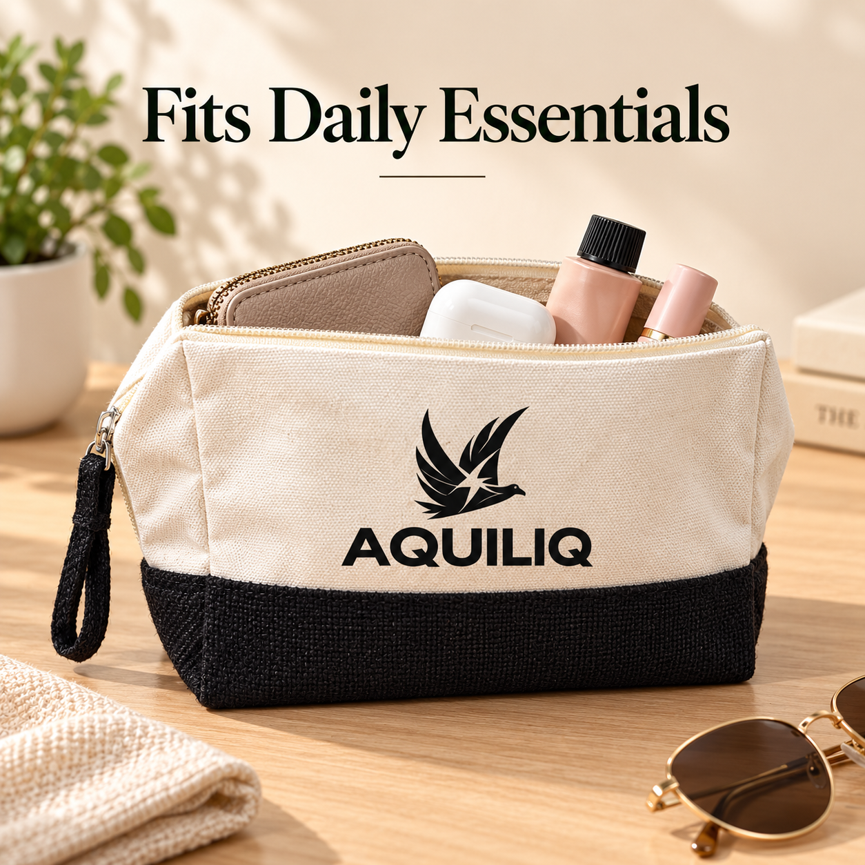 8x5x3 Black & Natural Cotton Canvas Zipper Pouch | 220 GSM